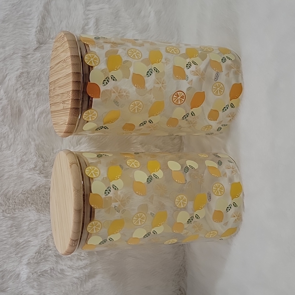 2 Lemon Glass Canisters with Wood Lids